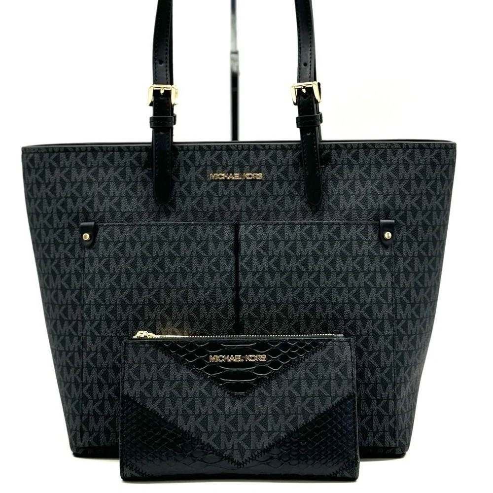 Michael Kors Jet Set Medium Pocket Tote Bag & Double Zip Wallet Black Multi